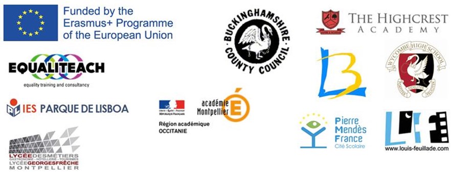 A collection of logo's. The logo's shown are: Erasmus Programme of the European Union; Buckinghamshire County Council; The Highcrest Academy; Equaliteach' Parque De Lisboa; Region academique occtanie' Pierre Mendes France' Lous Feullitade; Lycee de Montpellier