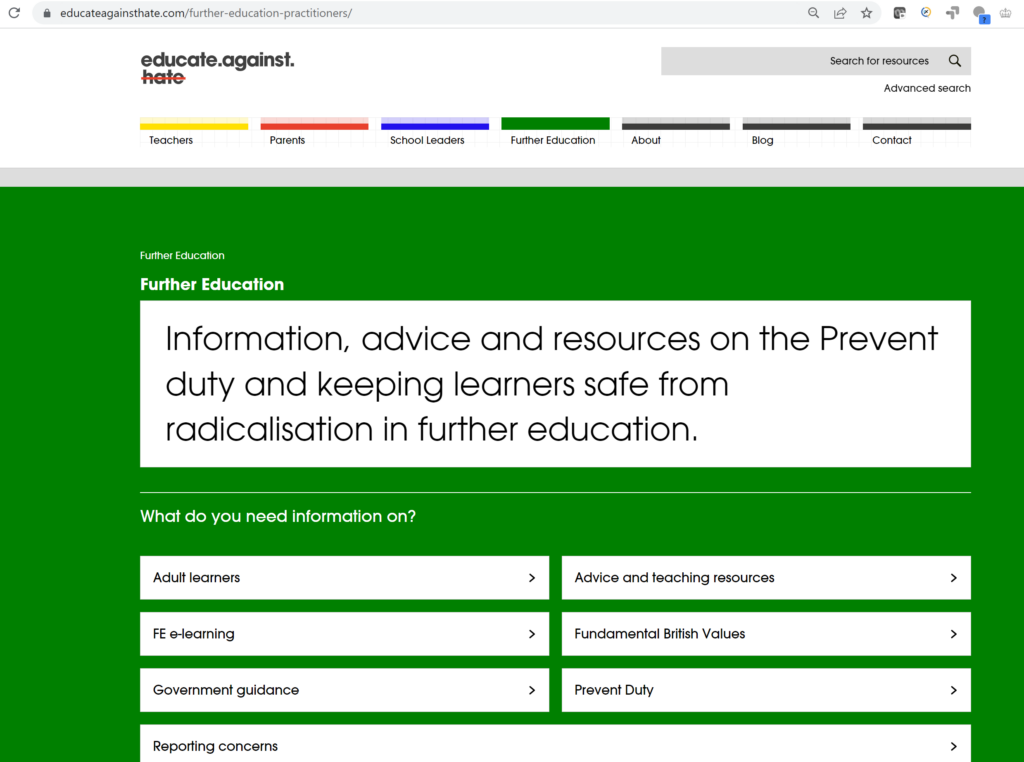 A picture of the landing page for further education